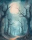 Placeholder: A mystical forest under the light of a full moon, towering ancient trees with gnarled branches, soft mist hanging in the air, a hidden path leading to a forgotten castle, Illustration, watercolor on textured paper