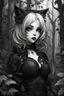 Placeholder: CAT GIRL, goth, forest, nature, cartoon, leaves, black and white hair, boobs, portrait, colour iamge