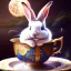 Placeholder: laughing bunny king , dreaming of the moon and stars and flying hats, drinking warm tea surfing waves on a teacup,misty fantasy art, book cover