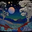 Placeholder: Peaceful, Max Ernst, night sky filled with galaxies and stars, rocks, animals trees, flowers, one-line drawing, sharp focus, 8k, 3d, intricate, rich colors