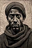 Placeholder: create a deeply powerful tragic, heart wrenching, and evocative, full body woodcut of a raw and weathered young Muslim refugee man with highly detailed and deeply cut facial features, lost in a horrific post apocalyptic Gaza, in the style of KATHE KOLLWITZ , searing lines and forceful strokes