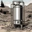 Placeholder: hot water tank, bared land, post-apocalypse, front view, comic book, cartoon,,