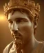 Placeholder: Realistic image, classic sculpture, marble material, Lionel Messi with Laurel wreath model, miguel angel style, God light, god rays, 4k resolution, perfect details, ornate details, soft lighting, unreal engine 5, soft cyan background.