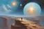 Placeholder: Light Blue sky, planet in the sky, sci-fi, 90's sci-fi movies influence, clouds, cliffs, rocks, mountains, philosophic cosmic influence, epic infinite, charles leickert and wilfrid de glehn impressionism paintings