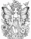 Placeholder: The fairy coloring page cartoon is simple, with bold precise clear lines, no color, white background.