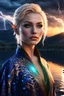 Placeholder: detailed eyes, female russian half elf, curvy, blonde short hairstyle, detailed glowing ornamental magical pattern robe, glowing gem crackling with lightning implanted on robe, 8k, high detail, lake background, midnight, facing viewer, front facing