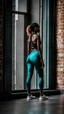 Placeholder: photography of skinny girl, satin yoga pants, photographed by nisian hughes, concrete studio, big side windows, fashion photography, bright daylight, raw,