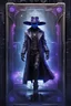 Placeholder: sacred geometry framed playing card, black, blue and purple noen cyber punk dancer thief in soaked rain coat and cowboy hat shadows boss card in the style of Giger and fallout 4 ,,bokeh like f/0.8, tilt-shift lens 8k, high detail, smooth render, down-light, unreal engine