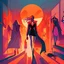 Placeholder: A vampire fashion morning sunrise and a catwalk with loads of clothes on the side with vibrant colours illustration