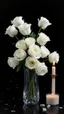 Placeholder: HThe image is a digital artwork that depicts a bouquet of 12 white roses in crystal vase , creating a wave-like effect. Beside it an elegant candle , The background is black, which makes the white rose stand out even more. Water droplets are scattered adding to the dreamy, ethereal quality of the image. The a