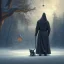 Placeholder: robed Grim Reaper behind sad, abandoned, dog chained to a tree, house in distance, winter, loneliness, 8k resolution, high-quality, fine-detail, iridescent, intricate, digital art, detailed matte, volumetric lighting, illustration, 3D octane render, by Jenny Jinya, Loving Reaper,