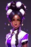 Placeholder: arcane tv show style, league of legends, solo, 1girl, attractive teenager, african, dark skin, dark-brown eyes, black hair, pair buns, violet strands of forehead bangs, necklace, earrings, modern makeup, (detailed skin texture), white oversize shirt