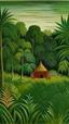 Placeholder: A green jungle with tribal huts painted by Henri Rousseau