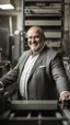 Placeholder: italian strong massive smiling big chubby 50 year old man in smart gray suit, manly chest, unbuttoned shirt, short beard, shirtless, printer in an old printing house, next to a huge old printer, dim light, side light, ambient occlusion