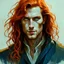 Placeholder: dnd, fantasy, watercolour, stylistic, portrait, illustration, dull colours, male, face, narrow long face, weathered face, green eyes, determined, happy, red hair, very long hair streaming down the shoulders, radiating light, five o'clock shadow, softer facial features, dignified