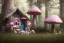 Placeholder: a cute fairy house pink and blue in the forest, spring time, mushrooms, 8k, flickering light, centered, high-quality, fine-detail, digital art, detailed matte, volumetric lighting, illustration, 3D octane render