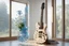 Placeholder: A lovely clear transparent resin guitar with forget-me-not design in a modern room in sunshine