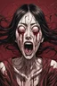 Placeholder: woman with 4 eyes, face distorted with pain, screaming, tears streaming from eyes, siting pose, fullbody, Junji Ito style, darkred tones,