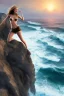 Placeholder: blonde woman standing at the edge of a cliff waves crashing against the rocks below