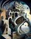 Placeholder: A captivating, surrealist painting of a gravity-defying, Escher-inspired building with multiple perspectives, impossible staircases, and fantastical elements that defy the laws of physics, set within a dream-like landscape.