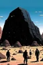 Placeholder: giant black rock in the desert with small people around n the style of Hiroshi Nagai