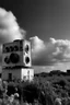 Placeholder: landscape ,Photo with an old analog camera. Black and white. Part of a strange dream. white clouds wide plain The big building between them. like pink floyd pigs land scape from a weird dream captured with the first model of dreamrecorder by gnom industries inc