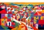 Placeholder: whimsical arafed nonsense, patchwork vibe, acrylic and ink painting of a cozy village main street on undulating hills with color (((minimal))) sketches of village people with (((extremely long limbs))), (((oversize head))), sharp color contrasts, amazing shadows, (((exaggerated limbs and head))), minimal cozy, warm palette, bright bold warm summer colors, color leak, sparse bright orange-red splinters, heavily distorted views, amazing parallels, amazing reflections