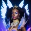 Placeholder: full body shot, masterpiece, best quality, black skinned, sparkling eyes, long hair, gorgeous African Fairy queen,wings,fluorescent skin,light blue makeup,sparkly glass diamond transparentsynthwave, light indigo, trasparent , irridescent, highly detailed body, sun light, 4K, RAW, depth of field, high contrast, realistic details, 24mm vaporwave aesthetic, synthwave, artstation, concept art, smooth, extremely sharp detail, finely tuned detail, ultra high definition, 8 k, unreal engine 5, ultra sha