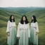 Placeholder: a group of women standing on top of a lush green hillside, inspired by Ren Hang, design milk, long black hair, whites, wanderers traveling from afar, trending on artisation, cloning spell, coat pleats, in twin peaks, submarine, by Helen Thomas Dranga, symetry, round-cropped, noire photo