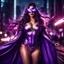 Placeholder: super pretty woman, purple long haired, big bubs, good body, metalic skin, dressed with a mini purple super hero siut, cape, eyemask, shining eyes and plasma light on hands flying over the darkness city