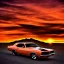 Placeholder: muscle car, desert road, sunset, full colour,