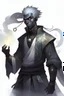 Placeholder: Male Air genasi fra d&d with black skin smoke some hair an Asian skin ghostly appearance with a Smokey undertone