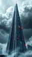 Placeholder: Synthography Art in Bocsh painting style generated Of a high rise The Pyramid shape building with visual details of mechanical and electrical components and chips and components textures with gray clouds storm in the background