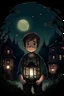 Placeholder: in A4 portrait, make the background color be dim with cool lighting, have a kid in a bottom center of the however make him only a small part of the image, make him hold a lantern or a torch. make the boy face a landscape or city with a night sky and the back against us, make this in the style of a drawing, make sure its A4