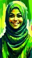 Placeholder: A painting of a smiling beautiful Urdu moslem woman with long dark blue and light green hijab, 22 years old, beautiful big , symmetrical eyes, blond hair, painterly style, detailed, 8k, by Ashley Wood. –ar 2:3 –stop 80 –uplight