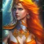 Placeholder: movie poster, A beautiful laughing elf with cutter, pool and letah from elfquest(by Wendy and Richard Pin) with very long hair, soft features, orange robe, bare shoulders