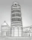 Placeholder: a coloring page, depicting the leaning tower of pisa, black and white, line art, outline, highly defined lines, hand drawn, grayscale