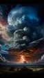 Placeholder: Back in time through a Time Machine in the parallel universe among the galaxies and the stars a big clouds of gas covering the sky from a distance Busch painting style nightmare