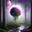 Placeholder: rainy forest with a purple planet over the land