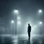 Placeholder: a man standing under a street light in the rain