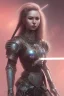 Placeholder: female knight, cyberpunk futuristic neon. fencing, long sword in her hand, decorated with traditional Japanese flowers, perfect face, fine details, realistic shaded, fine - face, pretty face, masterpiece