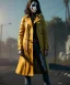 Placeholder: A badass Sofia Buttela wearing a scream mask, atmospheric, realistic, yellow leather trench coat, unreal engine, cinematic lighting, octane render.