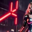 Placeholder: Actress, Katheryn Winnick, cyber woman, latex, blood, portrait, unreal engine 5, samurai, 16 bit, god lights, ultra hd, vibrant color, night city background, neon, front view.