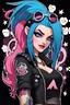 Placeholder: Jinx from League of Legends is a Punk Rocker, with long blue hair with shaved sides, pink eyes, stylized cloud tattoos on her body, wearing a punk rock style outfit, acting rebellious, by Riot Tea Time
