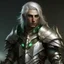 Placeholder: Please create an image for a young elven male with light brown skin, silver hair, and green eyes. He is wearing leather armor and is accompanied by a metallic robot