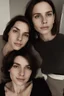Placeholder: A selfie of a brunette woman, middle short hair, showing a 27-year-old European woman. She has white skin, tousled brown hair, face without makeup, big round dark brown eyes, cute profiled nose, detailed full lips, skin texture. show on the side same face but 10 years older