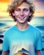 Placeholder: full length photograph of a beautiful 12 year old boy with long, blonde curly hair and light blue eyes, smiling, in front of a beach in sunset, highly detailed, smooth, photorealistic, digital art, HDR