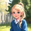 Placeholder: a pretty girl, age 8, blonde hair in a pony tail, playing outside, blue school jumper, digital painting, stylised