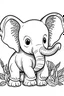 Placeholder: cute coloring page, sketch style, cute baby elephan in the jungle, cute cartoon, white and black, withe background, no shadows, outline.