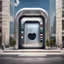 Placeholder: dramatic store surreal entranceway that is shaped like a giant smart phone with buttons, Apple Inc Logo in window, dramatic modernist architecture, stylish, hyperrealistic, photoreal, HD